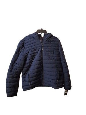 Tommy Hilfiger Hooded Jacket Mens Blue Quilted Lightweight Insulated TH Flex