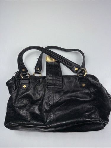 Bill Blass Black Distress Leather Large Bag Ruffle Studded - Picture 4 of 6