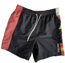 VINTAGE NAUTICA SAILING FLAG SWIM TRUNKS MENS L NAVY BLUE RED NYLON SHORTS 7.5"