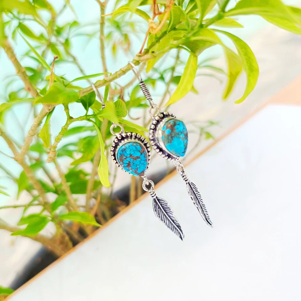Turquoise Gemstone Earring 925 Sterling Silver Handmade Unic Design Jewelry - Image 2 of 4