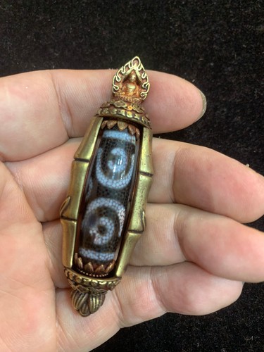Rare Tibetan Brass Inlay Old Dragon Vein Agate Dzi *6Eyed* Bead Pendant ZZ064 - Picture 2 of 5