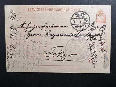 1918 WWI Japan POW Postcard Cover Camp Shizuoka to Tokyo Han