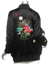 Fendi Womens Black Satin Floral Embellished Bomber Oversized Jacket New It44 Us8