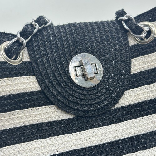 Magid Shoulder Handbag S Stripe Black White Paper Straw Zip Purse Converts Bag - Picture 7 of 12