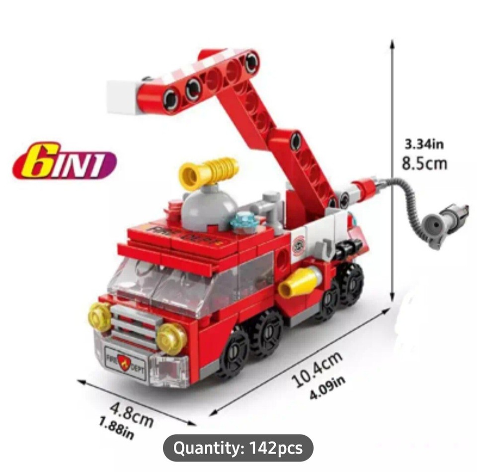 6 in 1 Building Blocks Red Fire Engine Fire Truck Brigade Birthday Gift ...