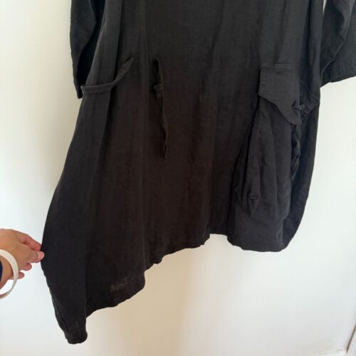 Tina Givens Black Linen Lagenlook 3/4 Sleeves Front Packet Tunic Dress Sz XL - Picture 9 of 12