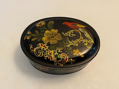 VINTAGE BLACK GOLD BIRD FLORAL LACQUERED METAL TIN OVAL TRINKET BOX 6''
