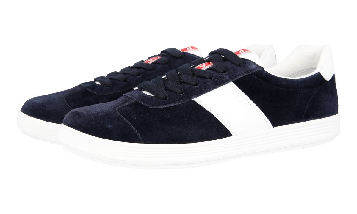 PRADA SNEAKERS SHOES BLUE WHITE SUEDE LINEA ROSSA RED STRIPE US 11