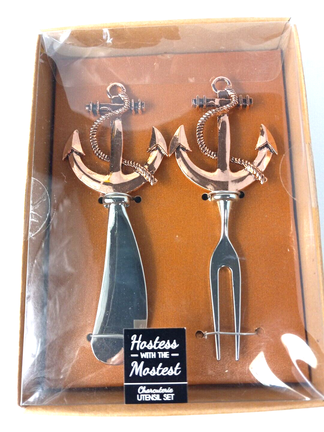 Nautical Anchor Charcuterie Utensil Set Fork Knife Copper Gift Box 4.5 Inch