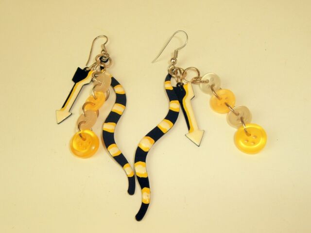 Handmade Earrings Blue Yellow White Danglers recycled Vtg Buttons unique Boho