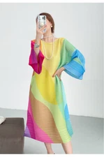 24SS Fashion Pleated Color Block Printed Dress Elegant Loose Fitting Long Skirt