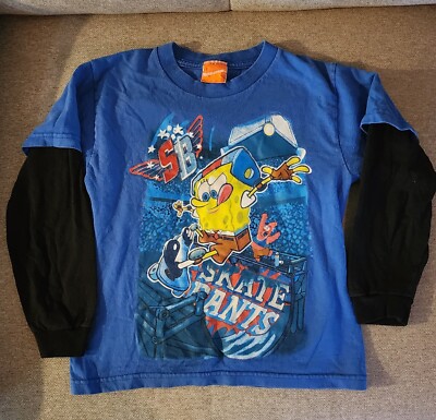 2000s Youth Spongebob Skate Pants T-shirt Long sleeve Blue Graphic