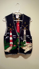 Vintage Tacky Sweater Vest w/ Lighthouses - PBJ Sport - Small S - Navy Blue