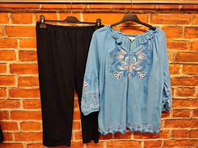 WOMENS COTTON TRADERS SET SIZE UK 14 BLUE KAFTAN STYLE TOP CROP TROUSERS OUTFIT