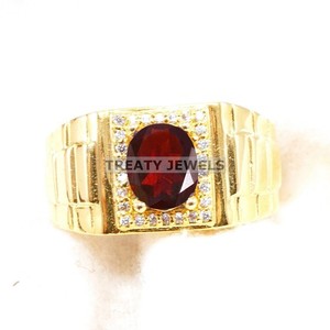Authentic Garnet Oval Cut With 925 Sterling Silver Gold Plated Ring For Men's #B124