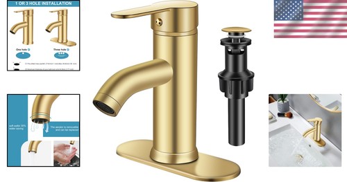 Grifo de baño dorado cepillado de una sola manija con desagüe emergente - Lujo moderno - Imagen 2 de 8
