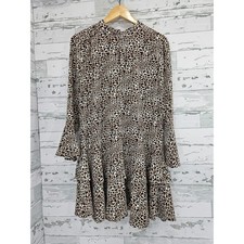 Mango MNG Suit Leopard Print Mock Neck Ruffle Hem Mini Dress Brown Tan Size 8