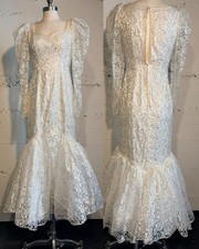Vintage 1980s Designer Lace Sequin Beaded Mermaid Wedding Gown Puff Sleeves