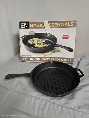 Basic Essentials 11'' Pre Seasoned Cast Iron Round Grill Pan w/ Assist Handle