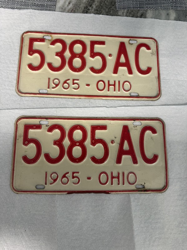 Vintage 1965 Ohio License Plate Tag Matching Pair 2 Piece Lot Tag Number 5385 AC