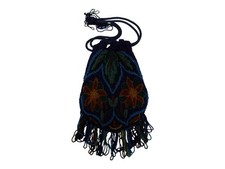 Antique Art Deco Glass Beaded Flapper Purse Drawstring Blue Purple Floral
