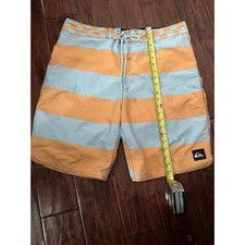 Quiksilver Mens Board Shorts Orange Blue Striped Checkered Surf Trunks Size 34