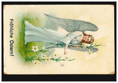 Postcard Easter: female angel with flowers and cross, expired 3.4.1917