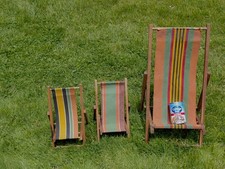 3 Antique 1940's  Wood & Striped Canvas Deck  Lawn  Beach Chairs 1 Child 2 Doll