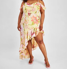 City Studios Trendy Asymmetric Cold-Shoulder Dress Yellow/ Pink Size 3X