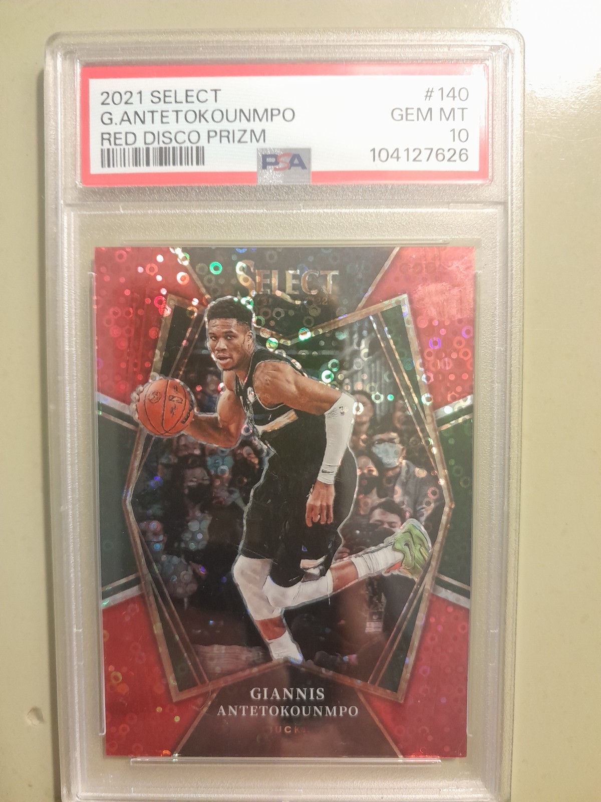 2021 Giannis Antetokounmpo Panini Select #140  Red Disco Prizm/49 PSA 10