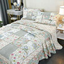 Queen Size Patchwork Quilts Cotton Green Country Floral Quilted Comforter Set Li