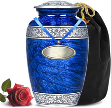 Elegant Blue Hand-Engraved Cremation Urn for Adult Ashes with Velvet Bag