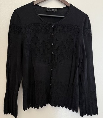 Peruvian Connection Baby Alpaca Silk Knit Scallop Hem Black Size LPetite