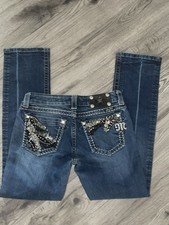 Miss Me Straight Jeans Womens Sz 28 Blue Dark Wash Stretch Sequin Pocket Bling