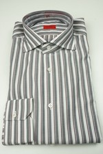 Isaia Thick Blue Garnet Striped Long Sleeve Cotton Dress Shirt 15.5/39 NEW