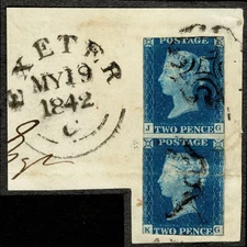 2d Blue STAMPS PAIR  vertical 1840 PL 2 JG/KG TIED BLACK MX 1842 Exeter piece