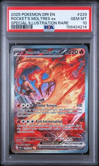 2025 POKEMON DRI EN-DESTINED RIVALS #229 TEAM ROCKET'S MOLTRES EX PSA 10
