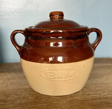 Vintage B & M Baked Beans Crock With Lid Ceramic Bean Pot Brown Tan