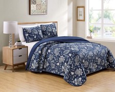 Collection 3 Piece Full/Queen Quilted Reversible Coverlet Bedspread Set Flora...