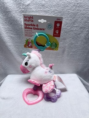 Bright Starts Sparkle & Shine Unicorn Jingle Go Toy Teether 0M+ Baby Clip-On New