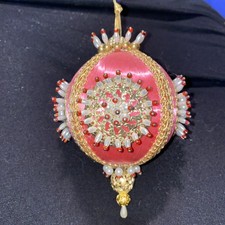 Vintage Pink Satin Ball Beaded Push Pin Christmas Ornament Sequin Embellished 5  