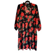 Boohoo Sz 16 Red Black Floral Tie Neck Maxi Dress 3/4 Sleeves