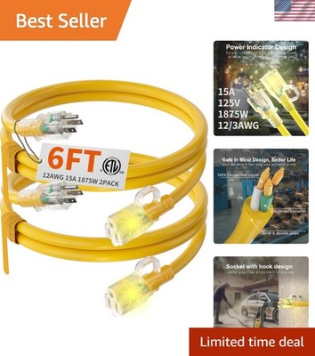 Flexible 15Amp Heavy Duty 6ft Extension Cord with Lighted Indicator - Yellow