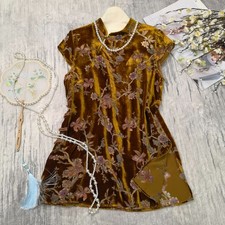 Retro Chinese Style Women Real Silk Velvet Stand Collar Short Dress Qipao Floral