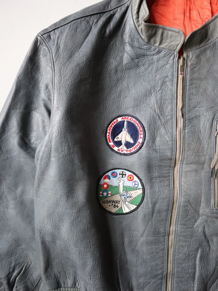 Vintage 80s German Army Leather Pilot Flight Jacket Size L Grey Patched - Image 2 of 4