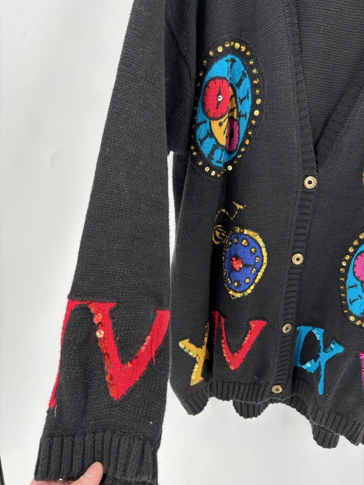 Chaus винтажный кардиган свитер женщин 2 X черный трикотажа часы римские цифры блестки - Изображение 4 из 4