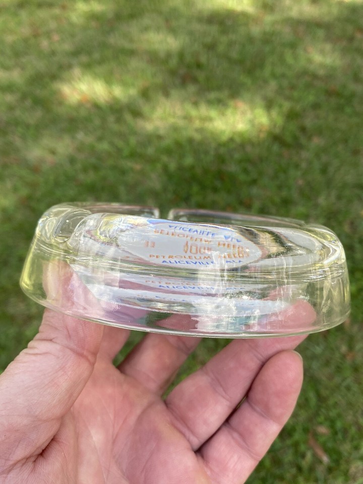VINTAGE GULF GAS OIL ADVERTISING GLASS ASHTRAY D.B. LOVE ALICEVILLE