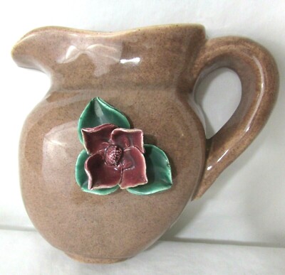 Vintage Art Pottery Pitcher Shaped Wall Pocket Vase WC? Red 3D Flower on Front