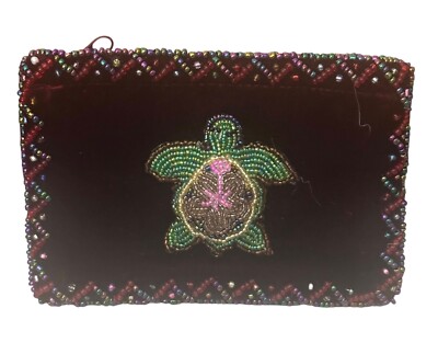 Coin Purse/Pouch- seed bead TURTLE- velvet - brown green pink-zippered top