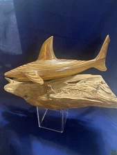 Handcrafted Wooden Shark On Driftwood Display Base